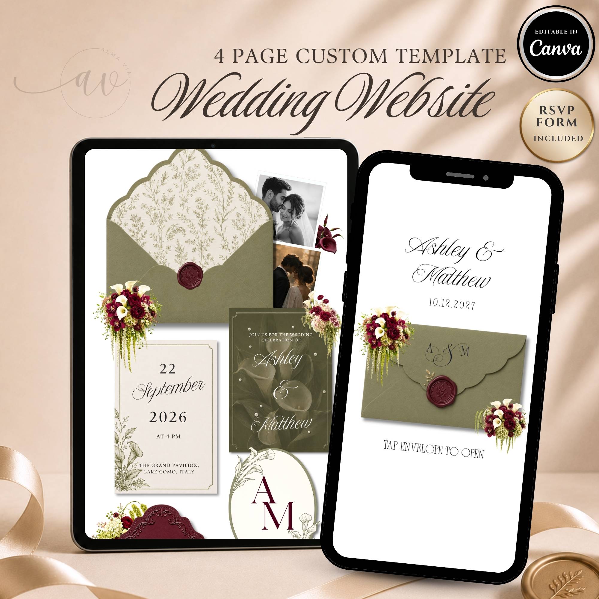 Sage Green Wedding Website with RSVP, Burgundy Floral Editable Canva Wedding Website