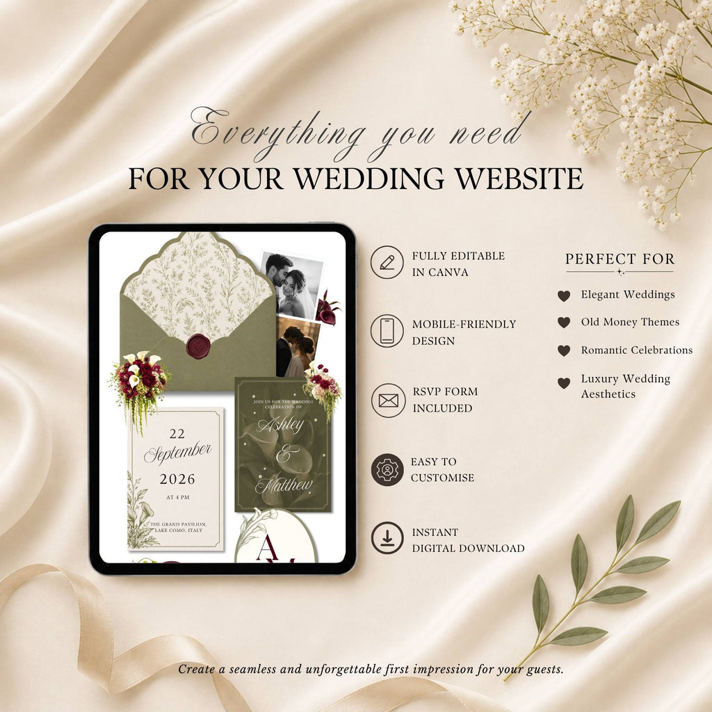 Sage Green Wedding Website with RSVP, Burgundy Floral Editable Canva Wedding Website