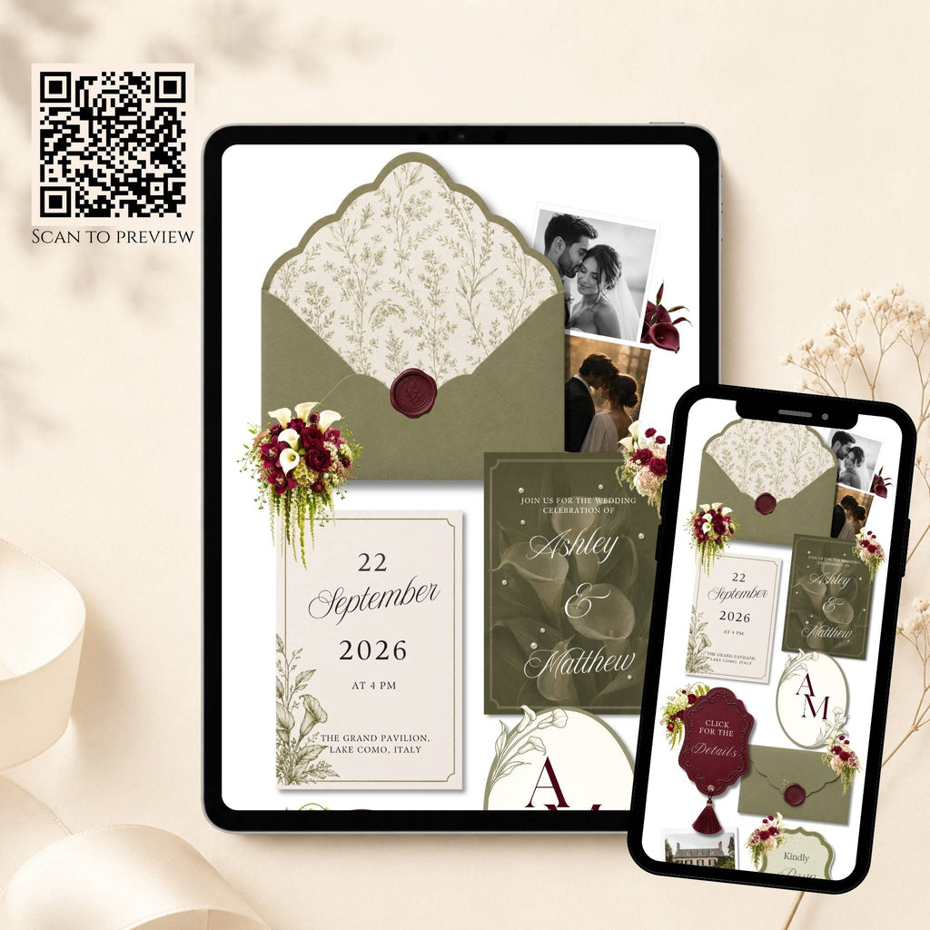 Sage Green Wedding Website with RSVP, Burgundy Floral Editable Canva Wedding Website