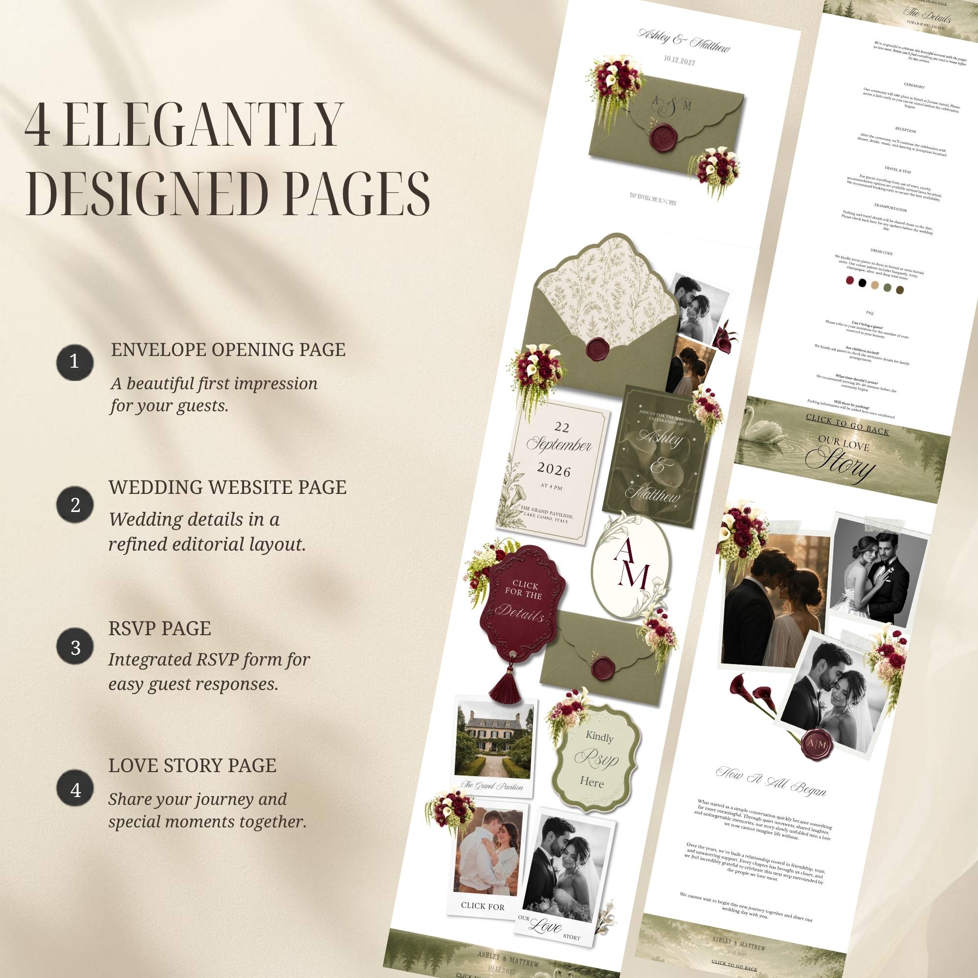 Sage Green Wedding Website with RSVP, Burgundy Floral Editable Canva Wedding Website