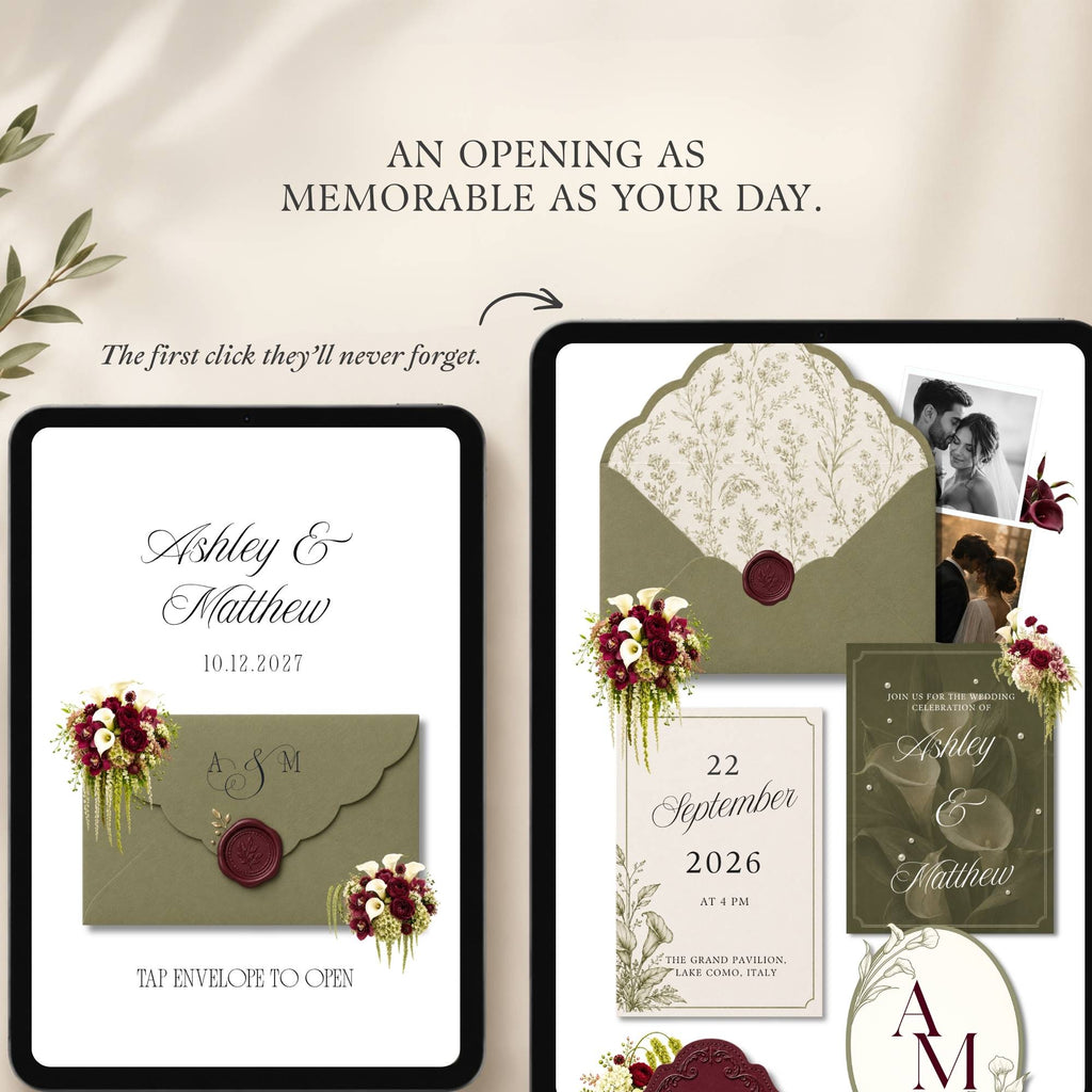 Sage Green Wedding Website with RSVP, Burgundy Floral Editable Canva Wedding Website