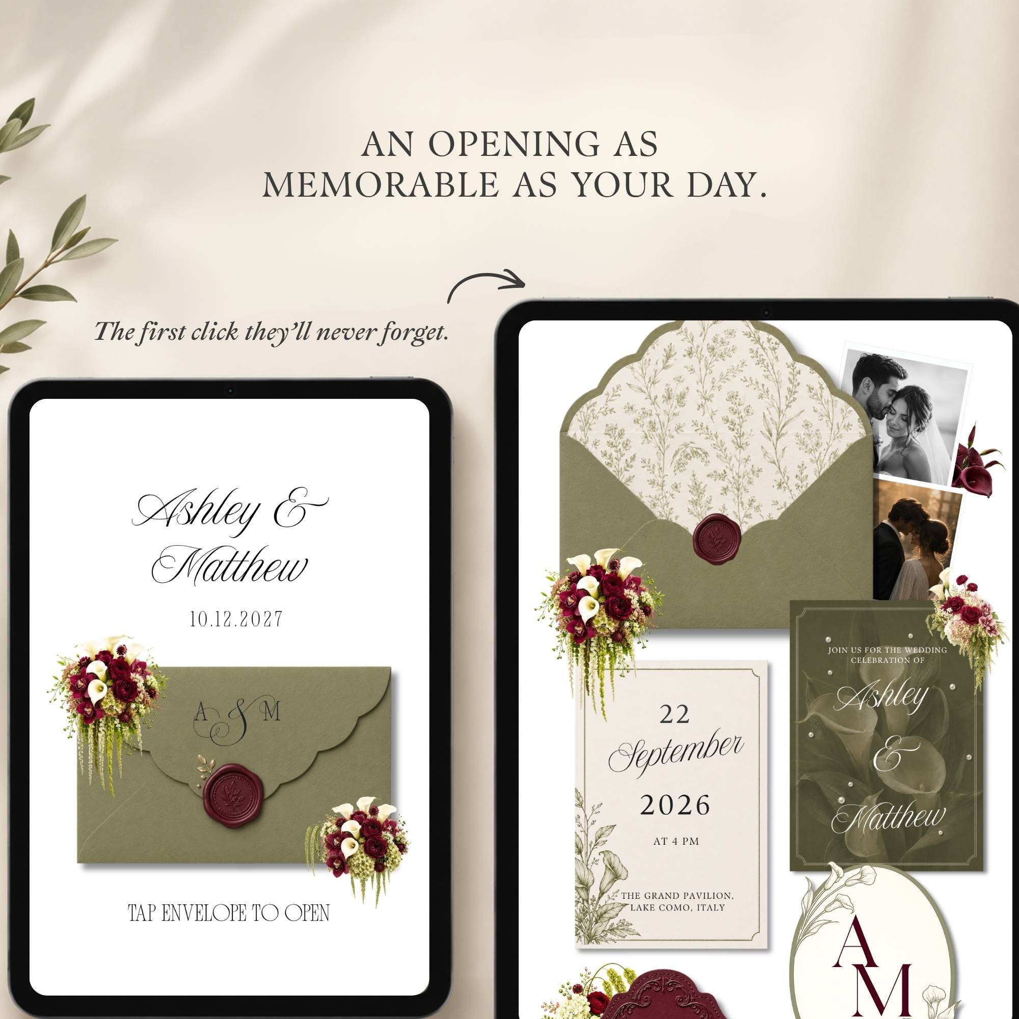 Sage Green Wedding Website with RSVP, Burgundy Floral Editable Canva Wedding Website