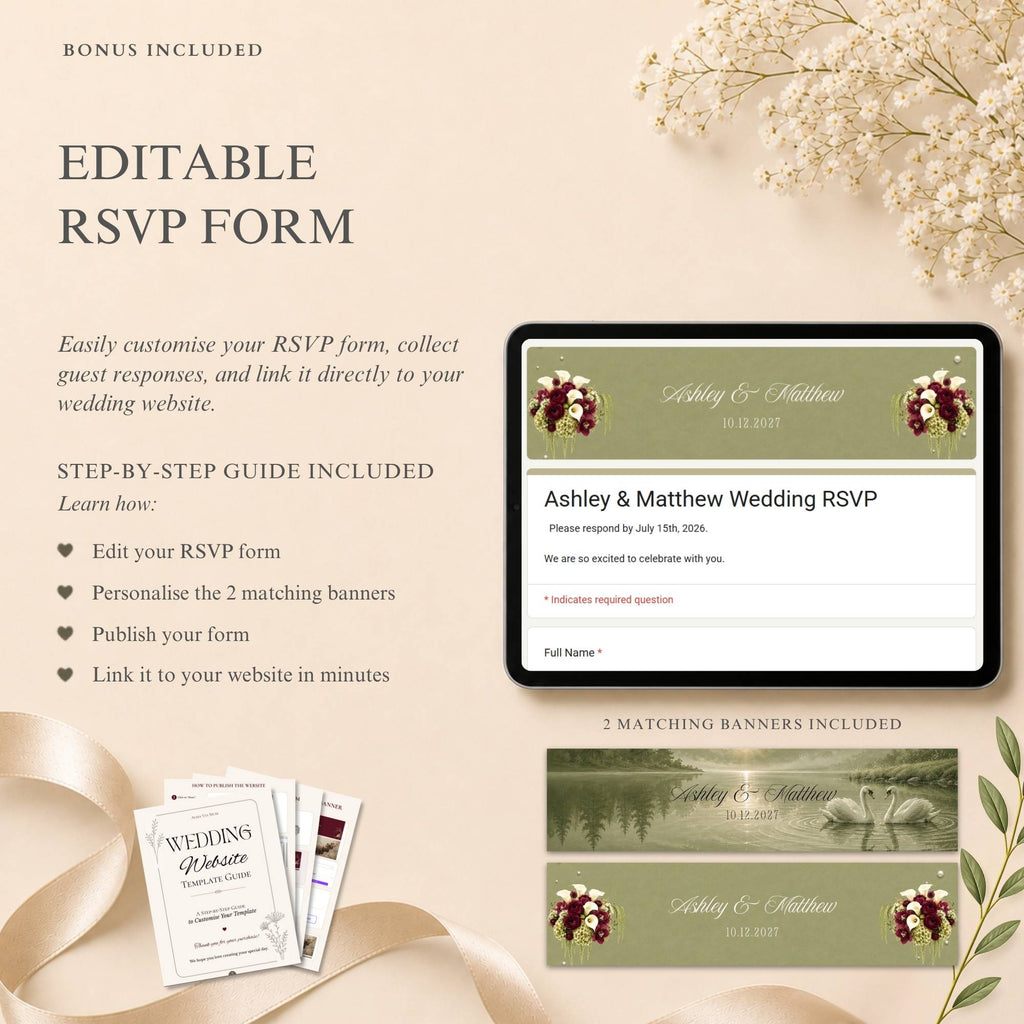 Sage Green Wedding Website with RSVP, Burgundy Floral Editable Canva Wedding Website