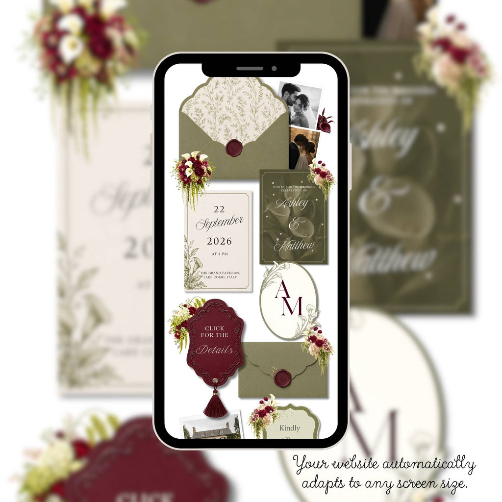 Sage Green Wedding Website with RSVP, Burgundy Floral Editable Canva Wedding Website