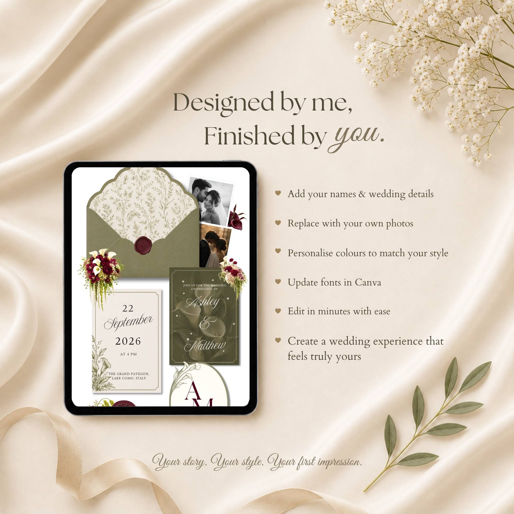 Sage Green Wedding Website with RSVP, Burgundy Floral Editable Canva Wedding Website