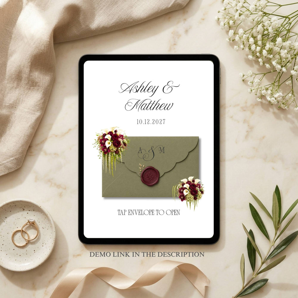 Sage Green Wedding Website with RSVP, Burgundy Floral Editable Canva Wedding Website