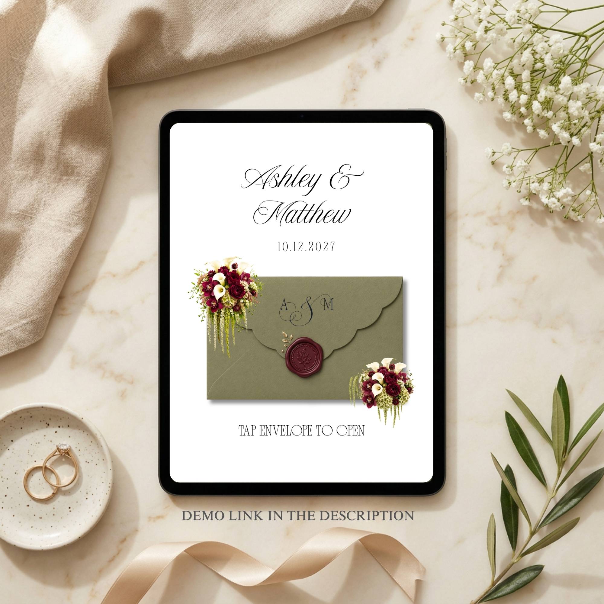 Sage Green Wedding Website with RSVP, Burgundy Floral Editable Canva Wedding Website