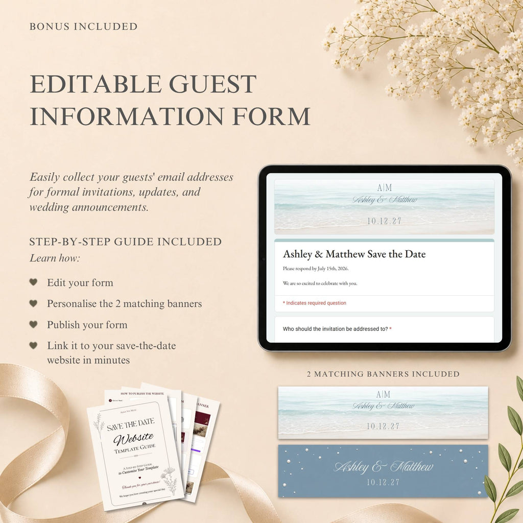 Matching RSVP guest information form included with beach save the date wedding website Canva template.
