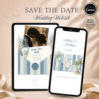 Beach save the date wedding website displayed on tablet and mobile phone with interactive envelope opening design.