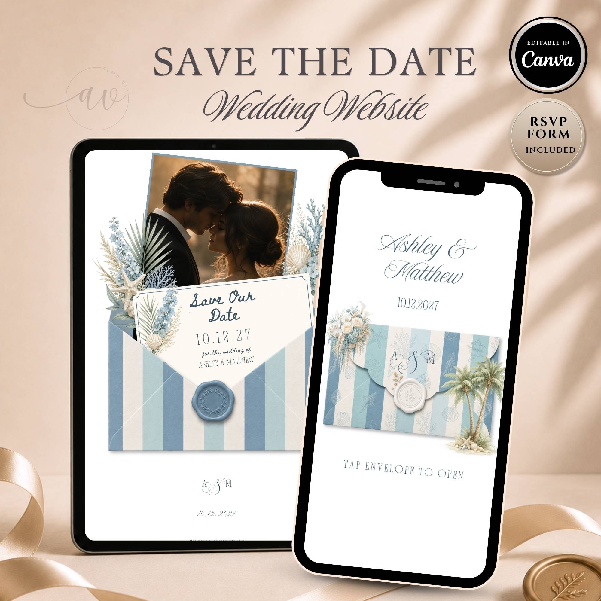 Beach save the date wedding website displayed on tablet and mobile phone with interactive envelope opening design.