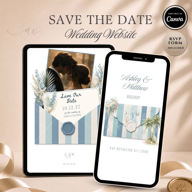 Beach save the date wedding website displayed on tablet and mobile phone with interactive envelope opening design.