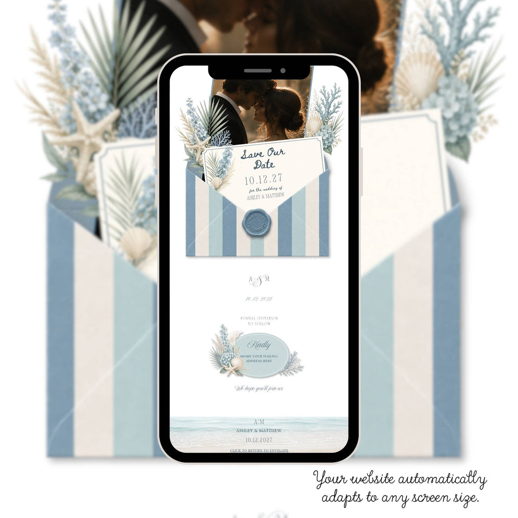 Mobile preview of beach save the date wedding website featuring coastal blue envelope and destination wedding details.