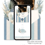Mobile preview of beach save the date wedding website featuring coastal blue envelope and destination wedding details.