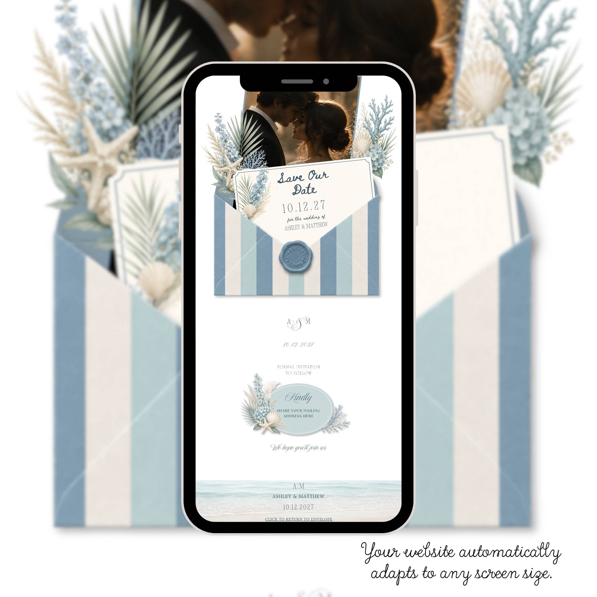 Mobile preview of beach save the date wedding website featuring coastal blue envelope and destination wedding details.