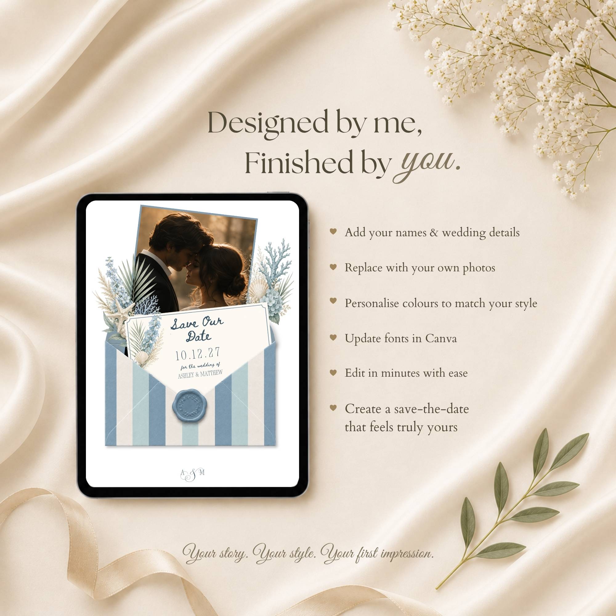 Beach save the date wedding website featuring a tropical envelope collage design with photo inserts, coastal blue details, and destination wedding styling.