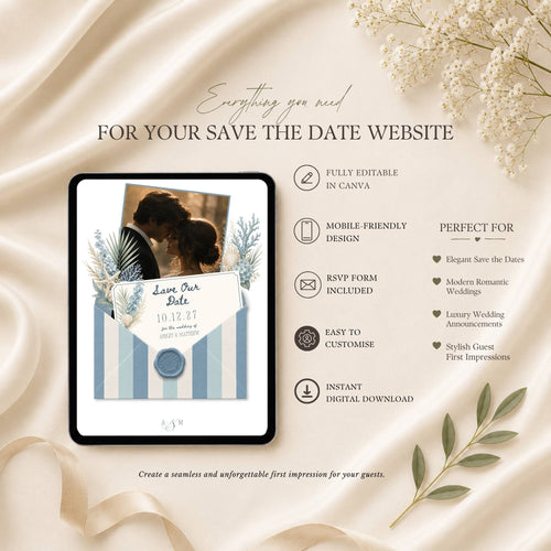 Beach wedding website template highlighting Canva editing, RSVP form, mobile-friendly design, and instant download.