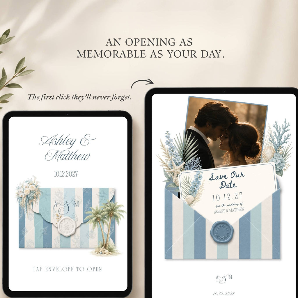 Interactive envelope opening sequence of a beach save the date wedding website with tropical and seaside elements.