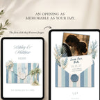Interactive envelope opening sequence of a beach save the date wedding website with tropical and seaside elements.