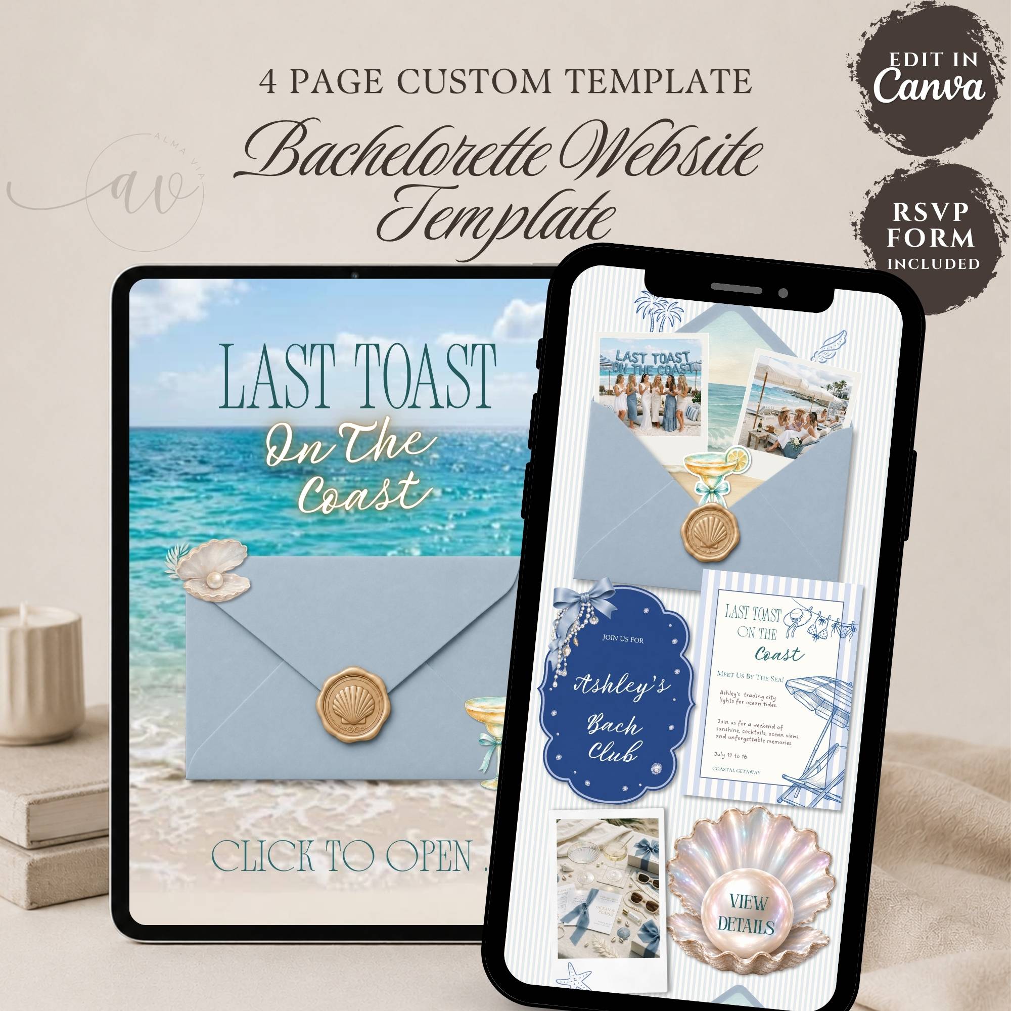 Beach bachelorette website template featuring a coastal envelope opening design, seashell wax seal, ocean backdrop, and Last Toast On The Coast theme.