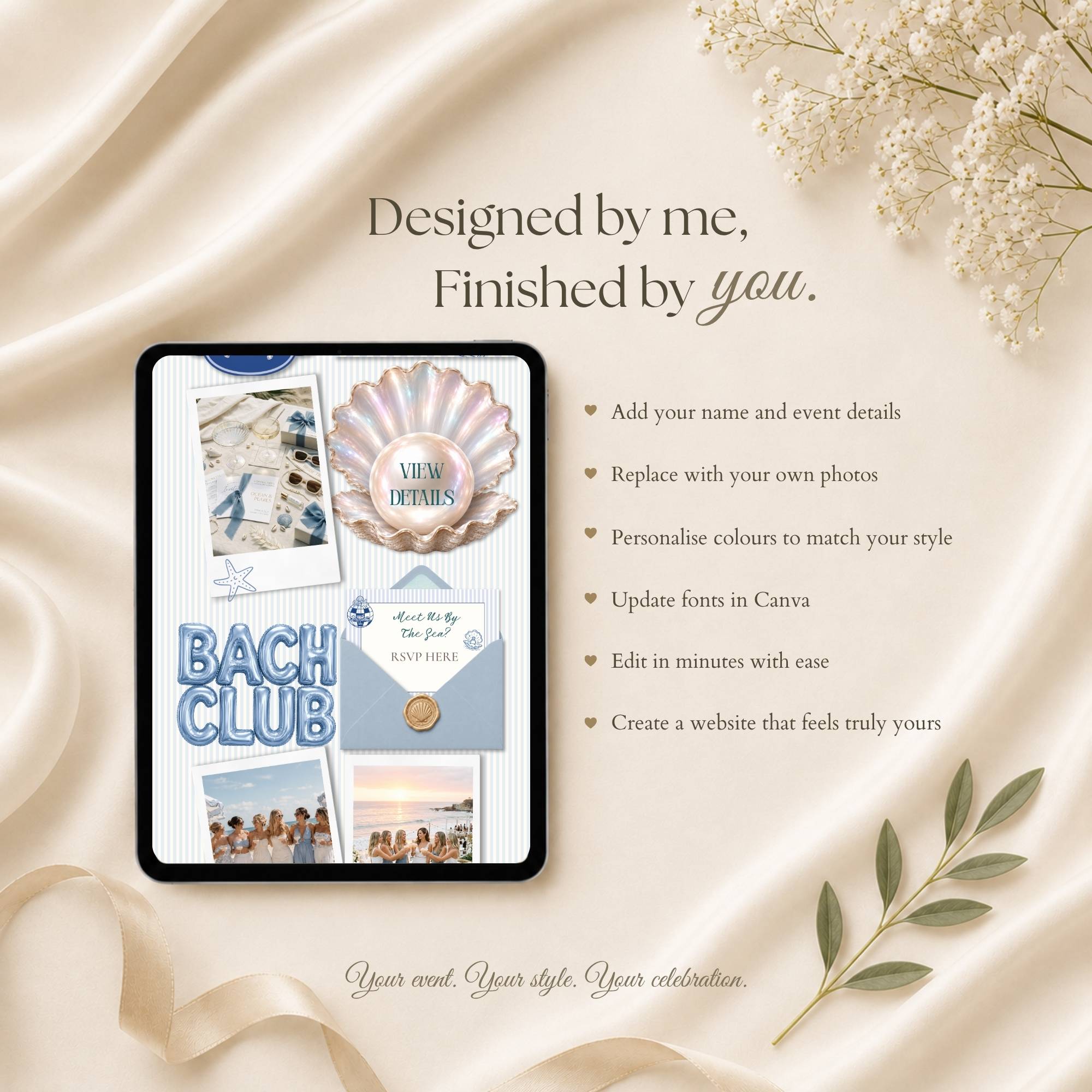 Fully editable Canva bachelorette website template with customizable text, photos, fonts, colours, and event details.