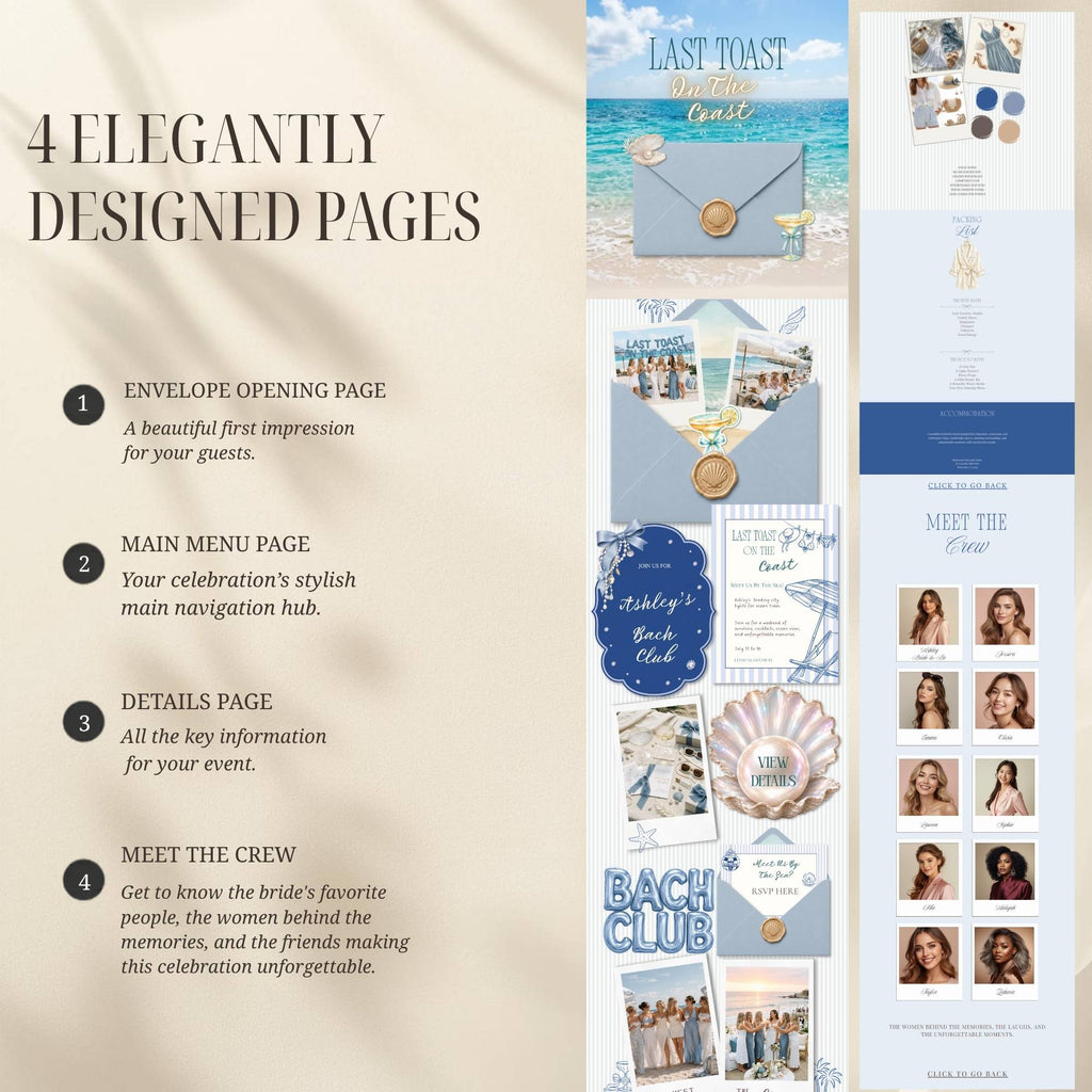 Four-page bachelorette website template featuring envelope opening page, event details, main menu, and bridal crew introduction page.