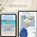 Interactive beach bachelorette website displaying a clickable envelope opening experience for guests.