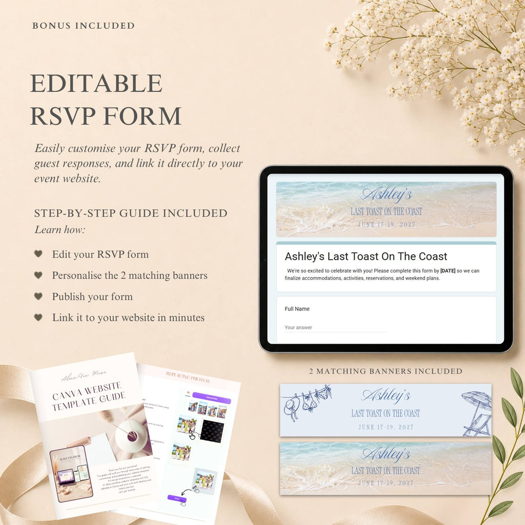 Editable RSVP form for a beach bachelorette website with matching banners and guest response collection.