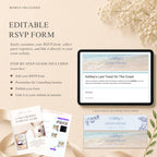 Editable RSVP form for a beach bachelorette website with matching banners and guest response collection.