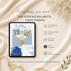 Bachelorette party website template showing Canva editing, RSVP form, mobile-friendly design, and instant download features.