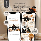 A Baby Is Brewing baby shower website template featuring an interactive Halloween baby shower website with RSVP.