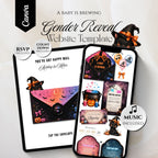 A Baby Is Brewing gender reveal website template featuring an interactive Halloween gender reveal website with RSVP.