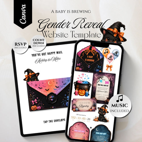 A Baby Is Brewing gender reveal website template featuring an interactive Halloween gender reveal website with RSVP.
