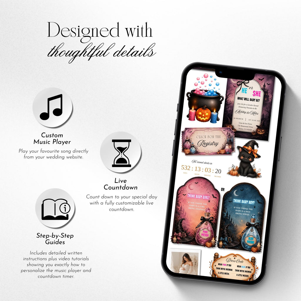 Gender reveal website template featuring invitation details, RSVP form, registry, countdown, and music.