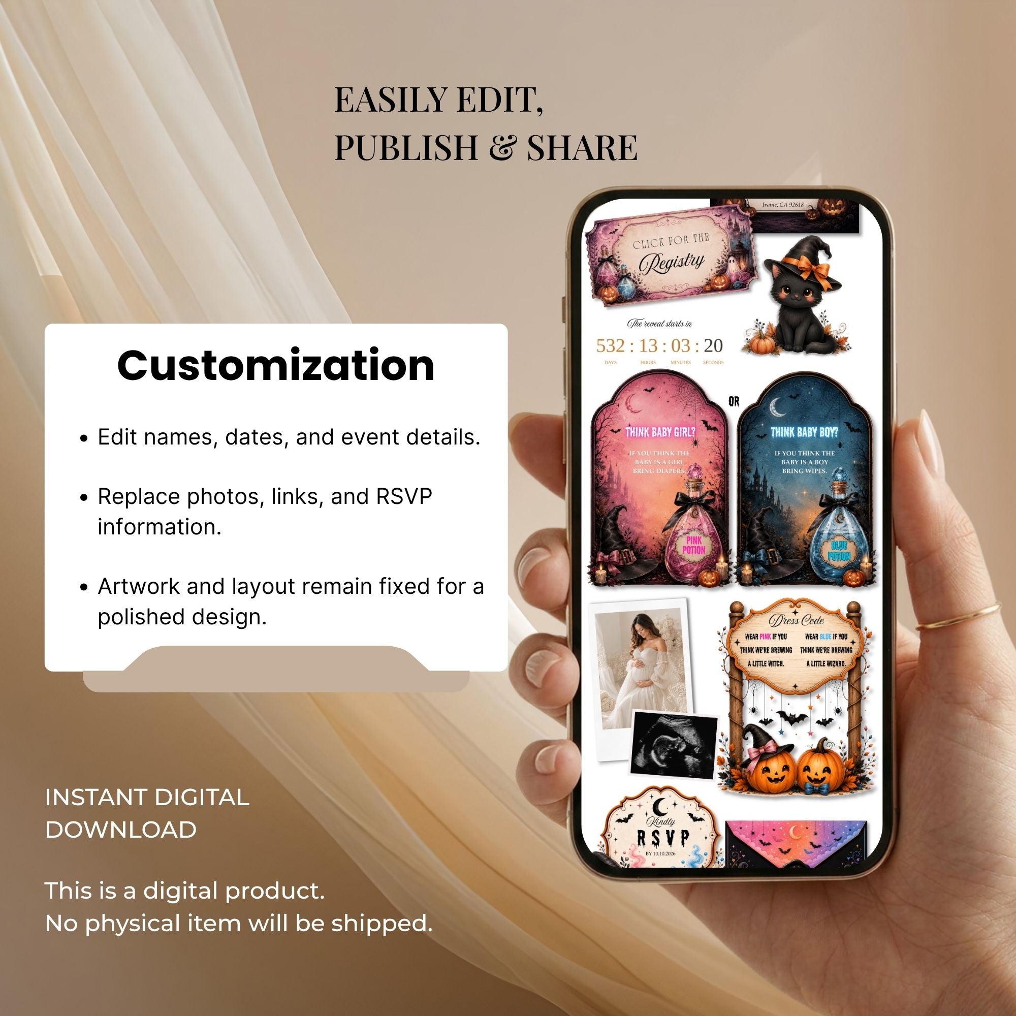 Editable Canva gender reveal website template with customizable colors, fonts, text, and photos.