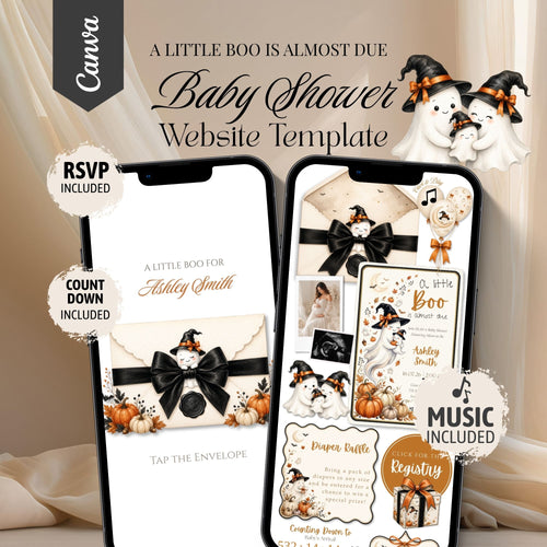 A Little Boo baby shower website template featuring an interactive Halloween baby shower website with RSVP.