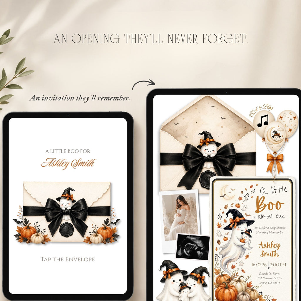 Fully editable A Little Boo baby shower website template designed in Canva.