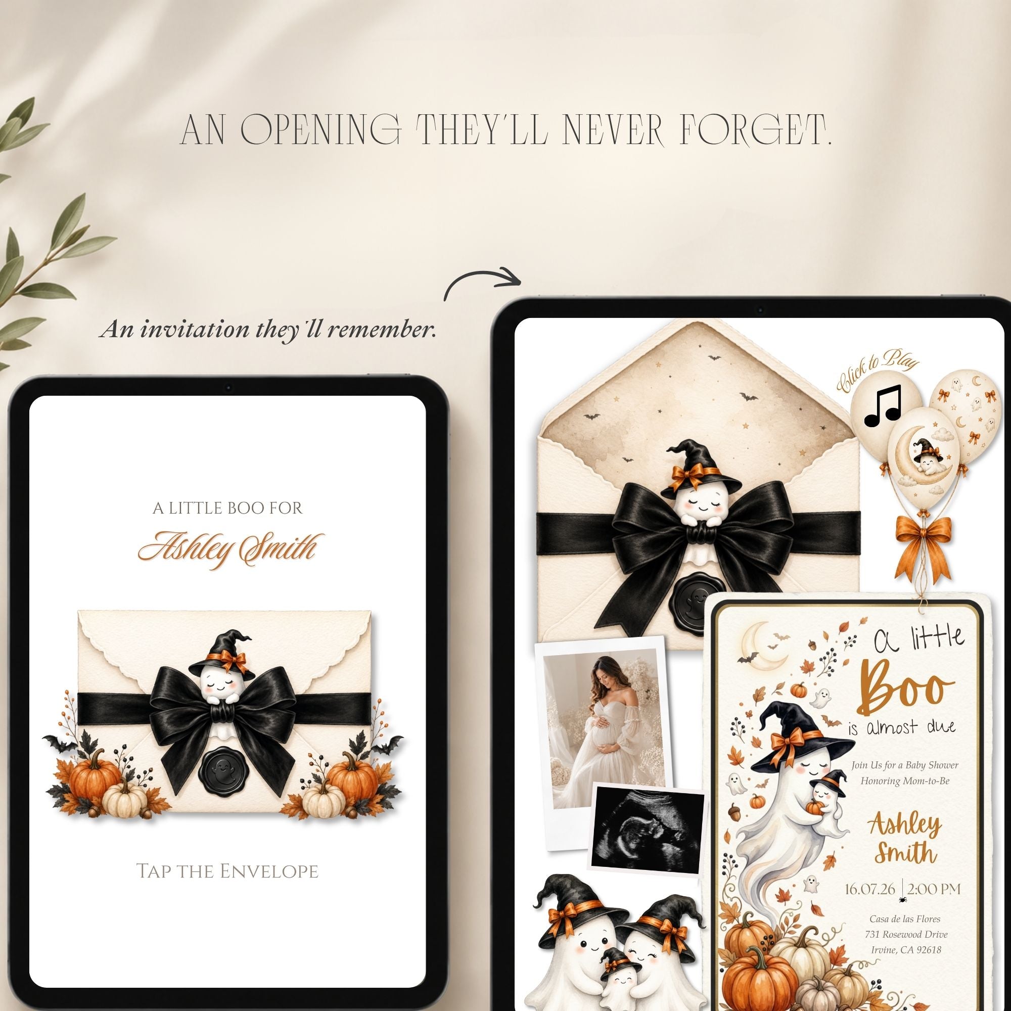 Fully editable A Little Boo baby shower website template designed in Canva.