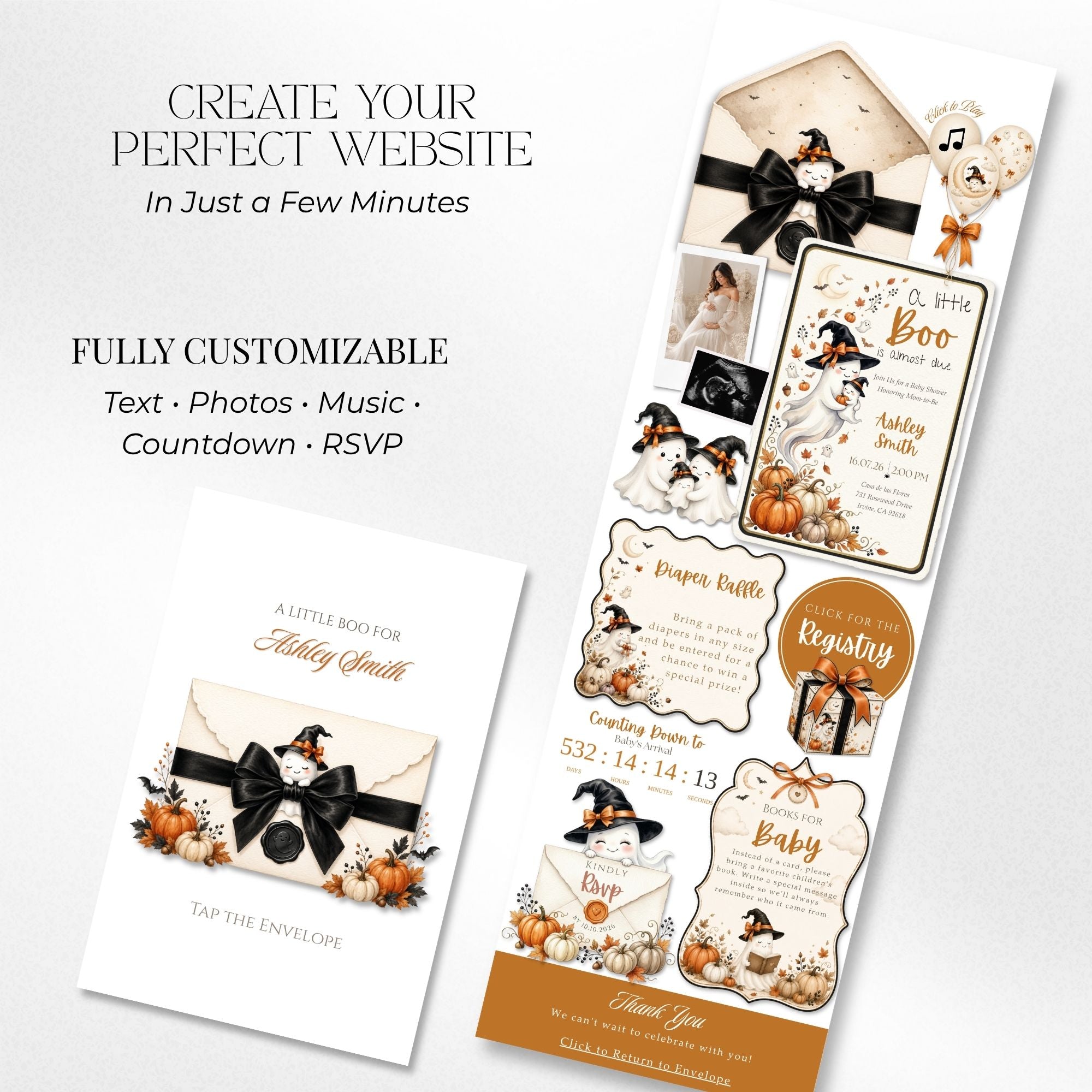 Baby shower website template including homepage, RSVP page, registry, countdown, and event details.