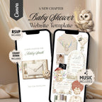 A New Chapter Begins baby shower website template featuring an interactive baby shower website with RSVP.