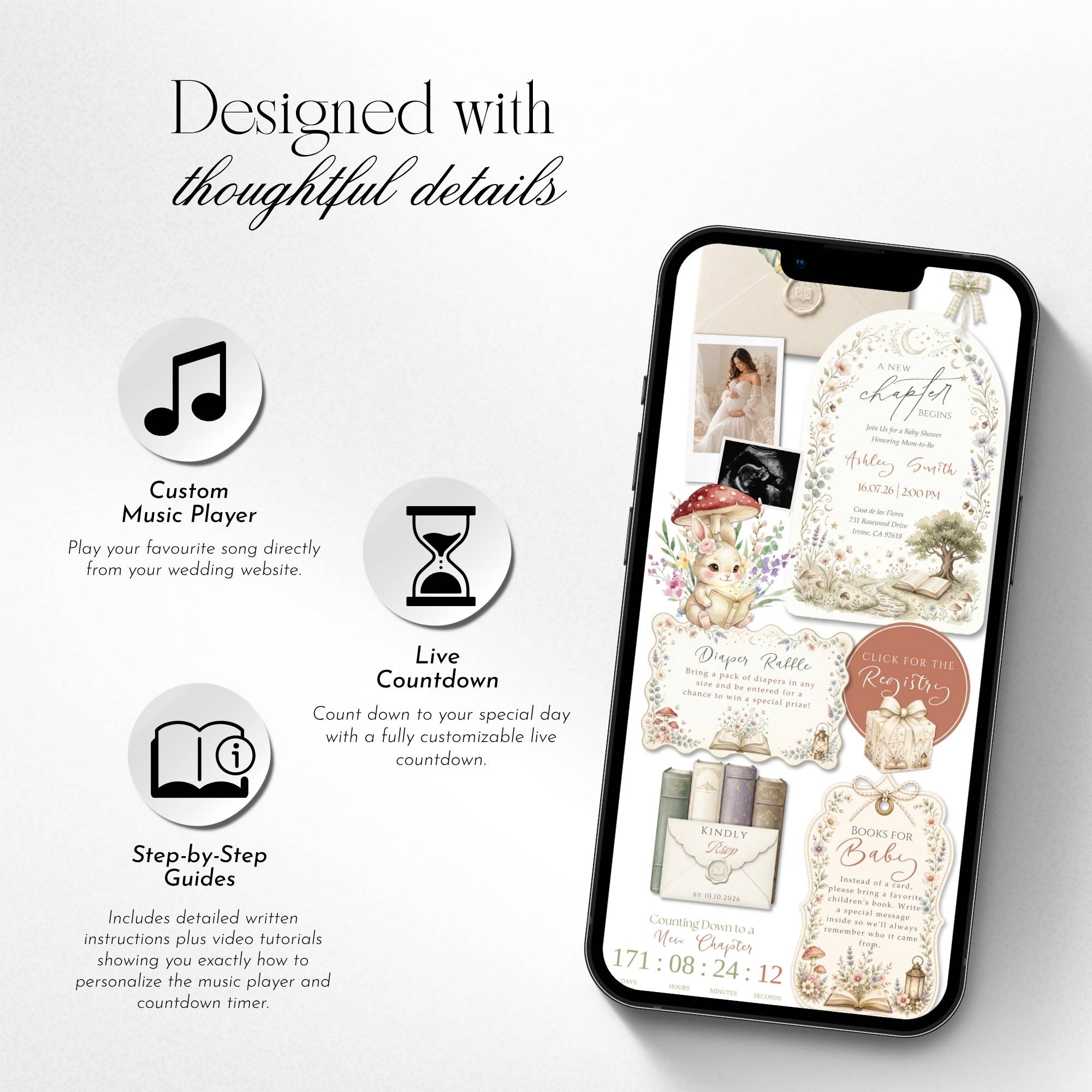 Baby shower website template featuring invitation details, RSVP form, registry, countdown, and music.