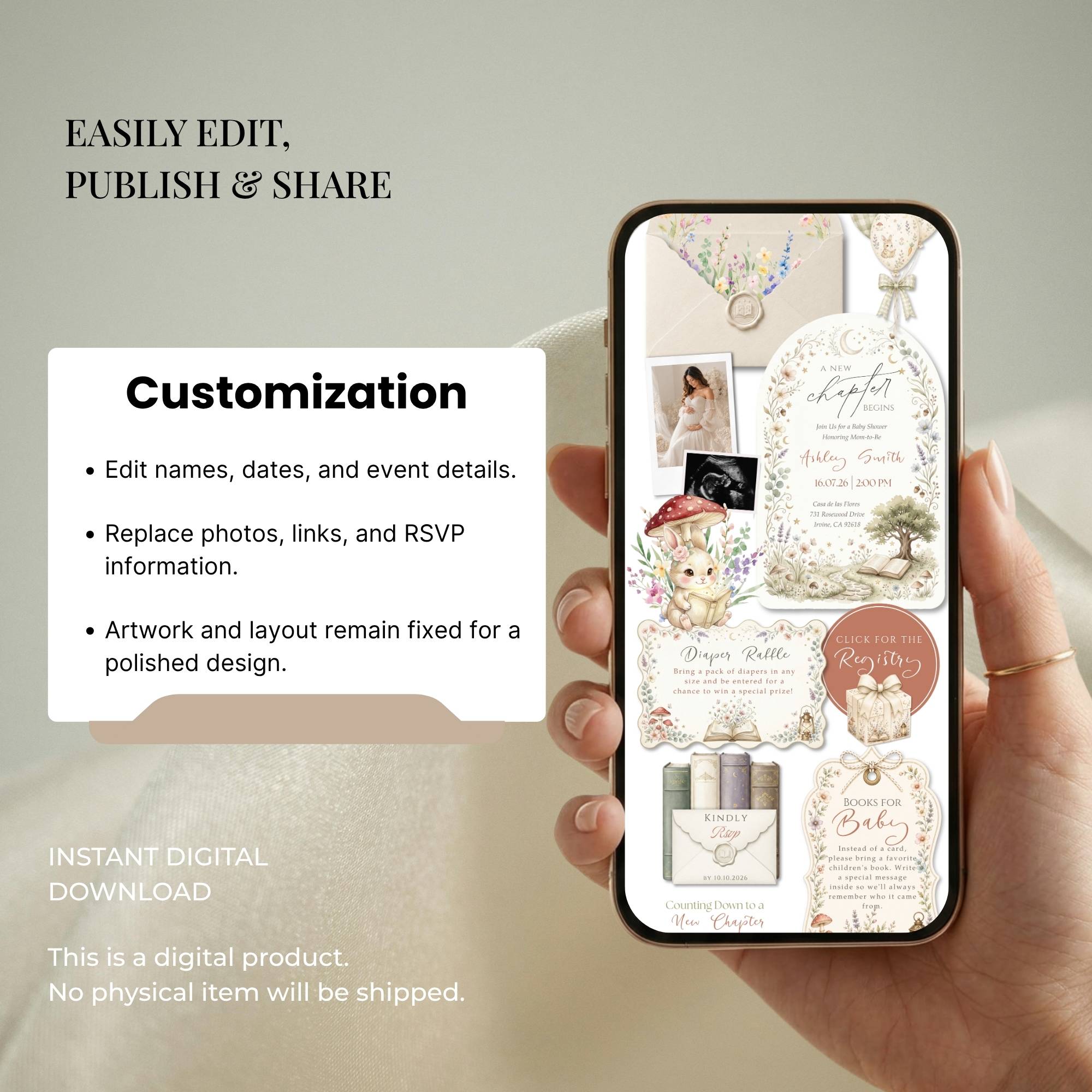 Editable Canva baby shower website template with customizable colors, fonts, text, and photos.