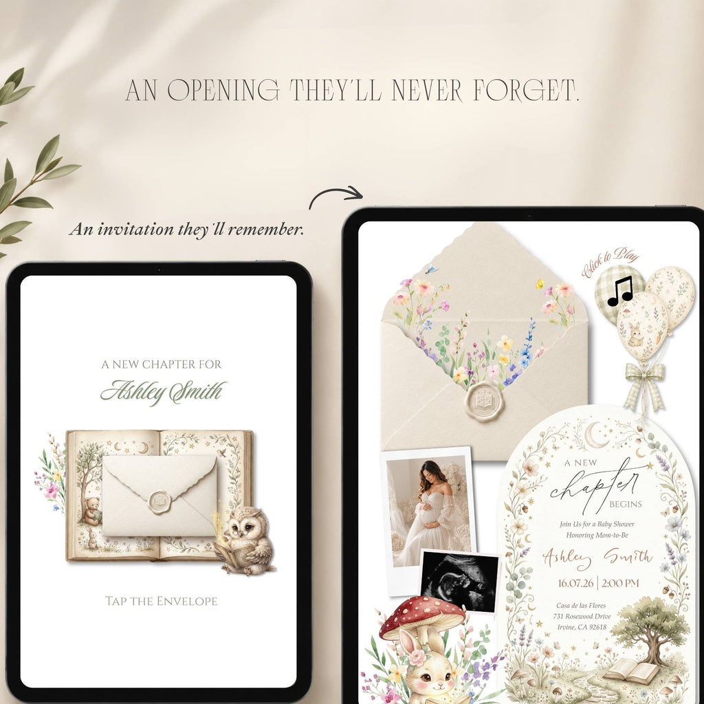 Fully editable A New Chapter Begins baby shower website template designed in Canva.