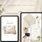 Fully editable A New Chapter Begins baby shower website template designed in Canva.