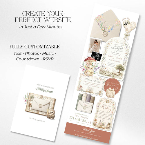 Baby shower website template including homepage, RSVP page, registry, countdown, and event details.