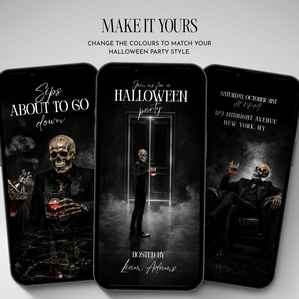 Adult Halloween video invitation scenes featuring a dark gothic party aesthetic and spooky cinematic characters.