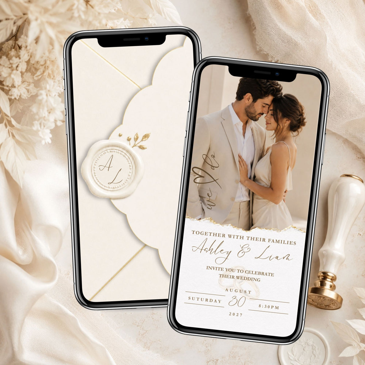 Animated ivory wedding invitation with elegant envelope opening and personalized wedding invitation displayed on mobile phones.
