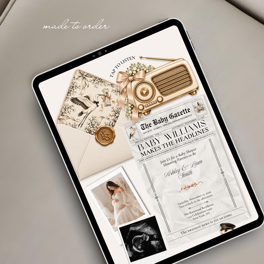 Baby Gazette newspaper invitation displayed on a tablet with vintage editorial styling, baby shower details and photo sections.