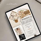 Baby Gazette newspaper invitation displayed on a tablet with vintage editorial styling, baby shower details and photo sections.