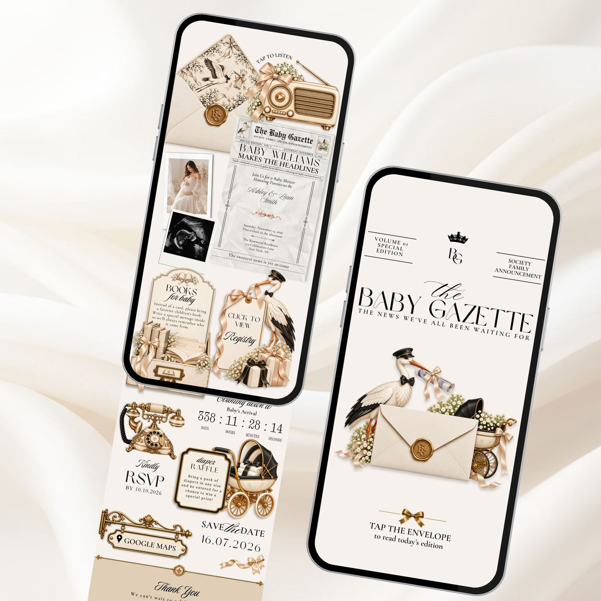 Baby Gazette website pages showing newspaper inspired baby shower sections, interactive details, photographs, RSVP and registry.