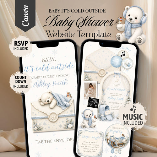 Baby It's Cold Outside baby shower website template featuring an interactive winter baby shower website with RSVP.
